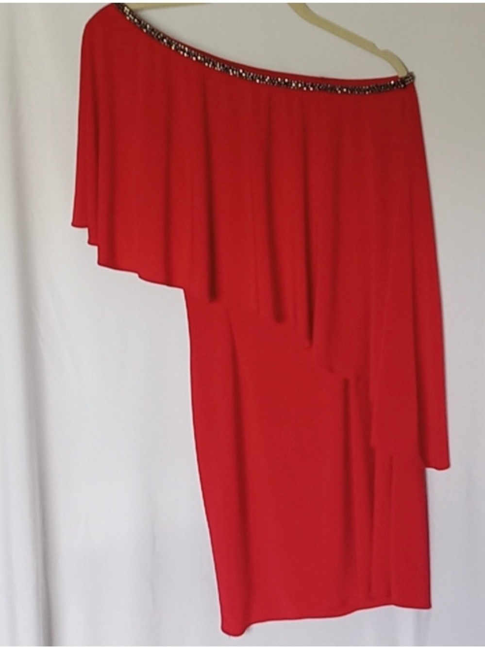 Cache Red One-Shoulder Dress with Beaded Neckline